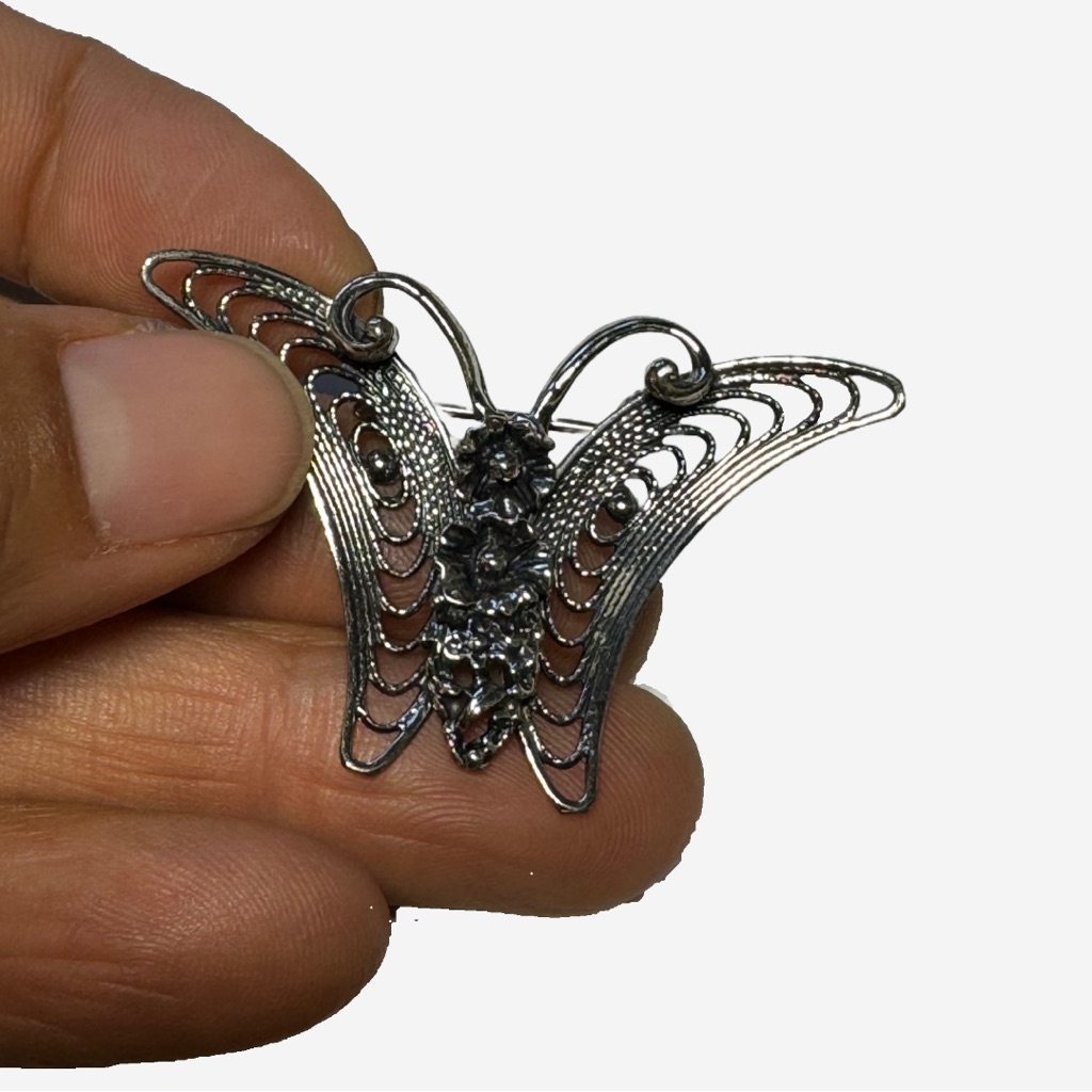 Vintage Designer Signed Beau Sterling Silver 925 Butterfly Filigree Brooch Pin